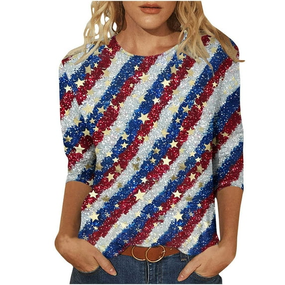Plus Size American Flag Shirt Women 3/4 Sleeve Crewneck Tunic Tops Fashion Tie-Dye USA Flag Star Stripes T-Shirts Dressy Casual Memorial Day Tee Shirts Independence Day Patriotic Blouses Clothes