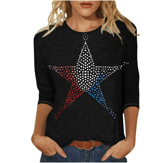 Plus Size American Flag Shirt Women 3/4 Sleeve Crewneck Tunic Tops Fashion Tie-Dye USA Flag Star Stripes T-Shirts Dressy Casual Memorial Day Tee Shirts Independence Day Patriotic Blouses Clothes