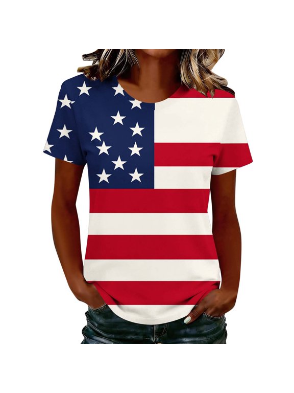 Plus Size American Flag Stars And Stripes Shirts Women USA 250 Anniversary Patriotic Tops Red White And Blue Blouse A01_Multicolor
