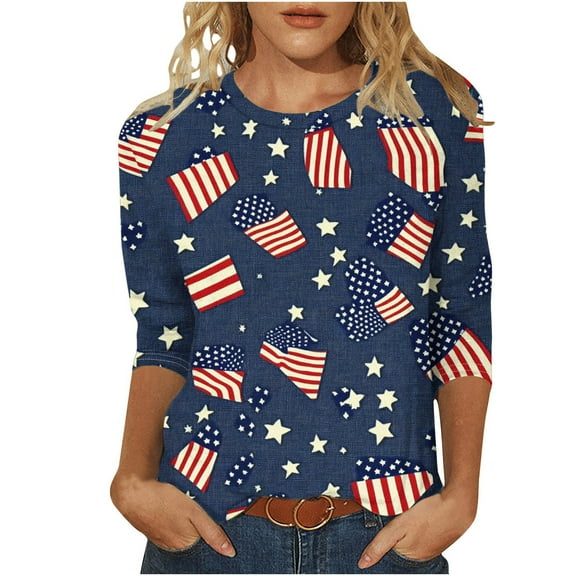 Plus Size American Flag Tunic Tops for Womens 4th of July Crewneck 3/4 Sleeve Tshirts Cute Butterfly Stars Striped Graphic Tees Teen Girls Fashion Memorial Day Patriotic Shirts Fashion Summer Top