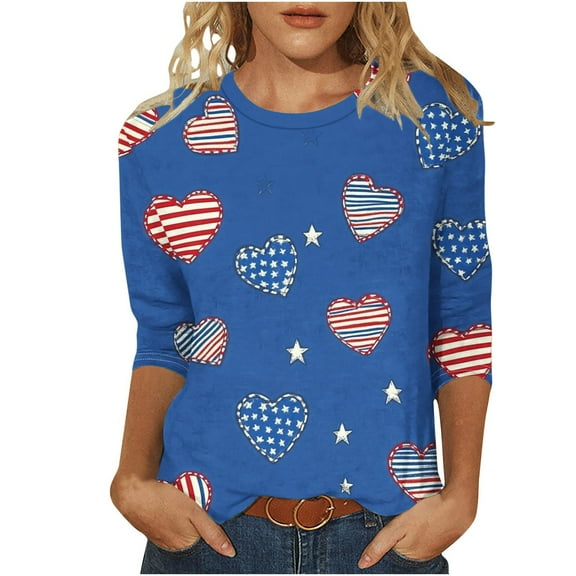 Plus Size American Flag Tunic Tops for Womens 4th of July Crewneck 3/4 Sleeve Tshirts Cute Butterfly Stars Striped Graphic Tees Teen Girls Fashion Memorial Day Patriotic Shirts Fashion Summer Top
