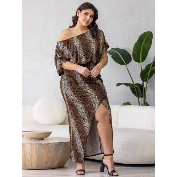 Plus Size Animal Batwing Sleeve Front Slit Maxi Dress