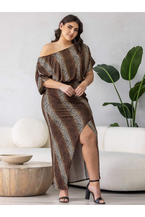 Plus Size Animal Batwing Sleeve Front Slit Maxi Dress