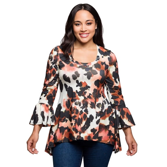 Plus Size Animal Bell Sleeve High Low Tunic Top