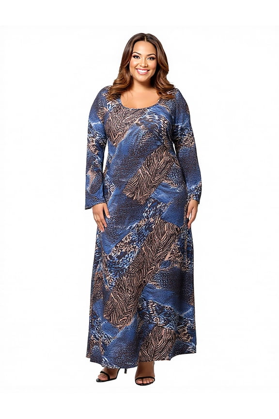 Plus Size Animal Long Sleeve A Line Maxi Dress