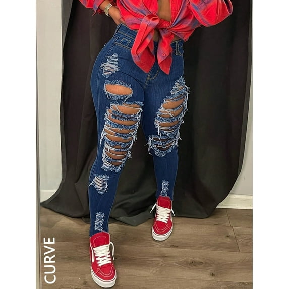 Plus Size Apay Women`s Jean High Waist Holes Tights Sexy Long Denim Pants Casual and Versatile(1XL-4XL)