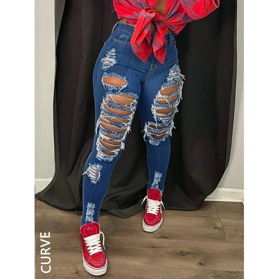 Plus Size Apay Women`s Jean High Waist Holes Tights Sexy Long Denim Pants Casual and Versatile(1XL-4XL)