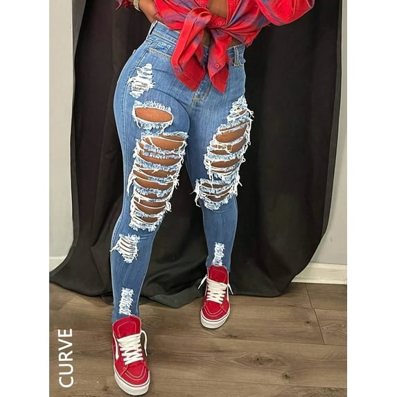 Plus Size Apay Women`s Jean High Waist Holes Tights Sexy Long Denim Pants Casual and Versatile(1XL-4XL)