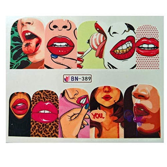 Plus Size Appeal Full Set of 10 Punk Gothic Rockabilly Lips Grill Mouth Nail Wrap Decals Sticker Salon Quality Nail Art - 1 Sheet