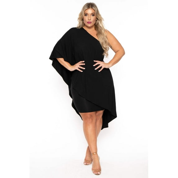 Plus Size Asymmetric Draped Dress - Black