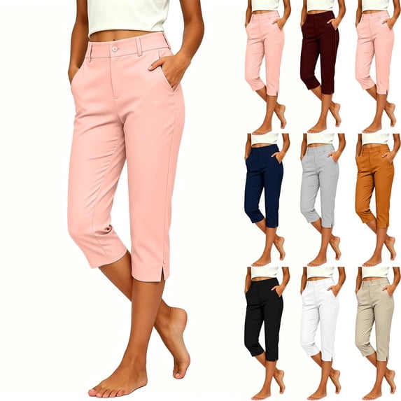 Plus-Size Athletic Pants for Women Stretch Pants Mid Straight Leg Cropped Trousers With Pockets Split Hem Casual Work Dress Pants L