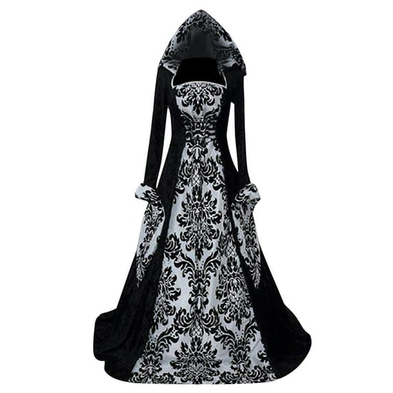 Plus Size Autumn Winter Dresses Halloween Costumes for Women Long Sleeve Hooded Dress Floor Length Medieval Dresses Renaissance Solid Witch Dress Vestidos de Moda para Mujer