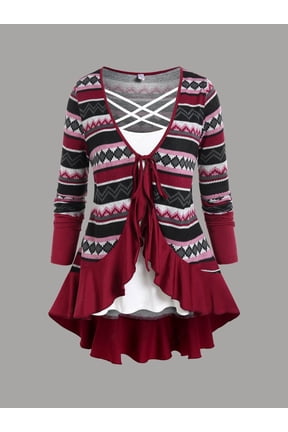 Plus Size Aztec Geometric Stripe Lace-Up Front Three-Piece Casual Fall Set Open Cardigan + Plain White Inner Tank & Red Ruffle Hem Underlayer