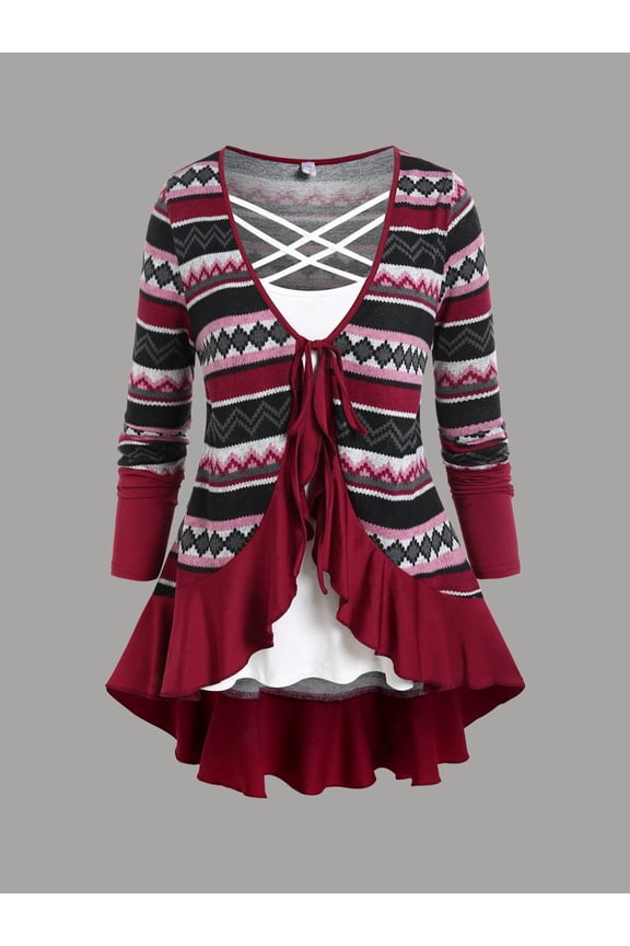 Plus Size Aztec Geometric Stripe Lace-Up Front Three-Piece Casual Fall Set Open Cardigan + Plain White Inner Tank & Red Ruffle Hem Underlayer