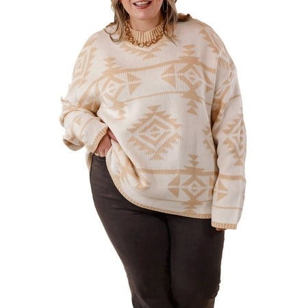 Plus Size Aztec Print Loose Sweater - Apricot Color | [ZhiHiMeRi] | (US 14W-16W)1X
