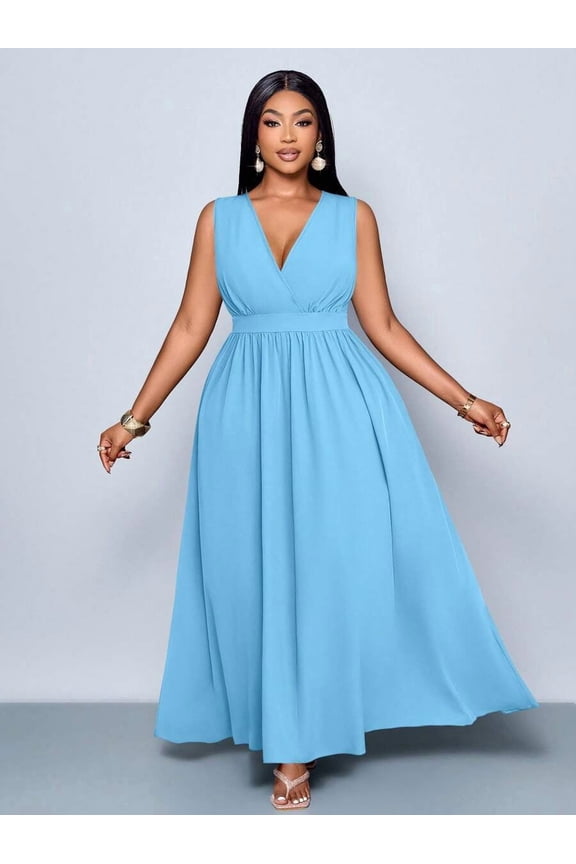 Plus Size Baby Blue Solid Cross Deep V-Neck A-Line Maxi Dress Loose Casual Flowy Everyday Wear
