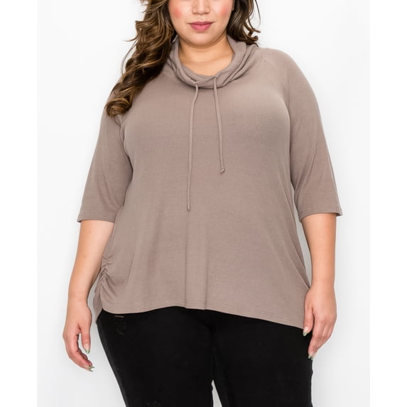 Plus Size Baby Thermal Cowl Neck Side Ruched Top Stone Dark 1X