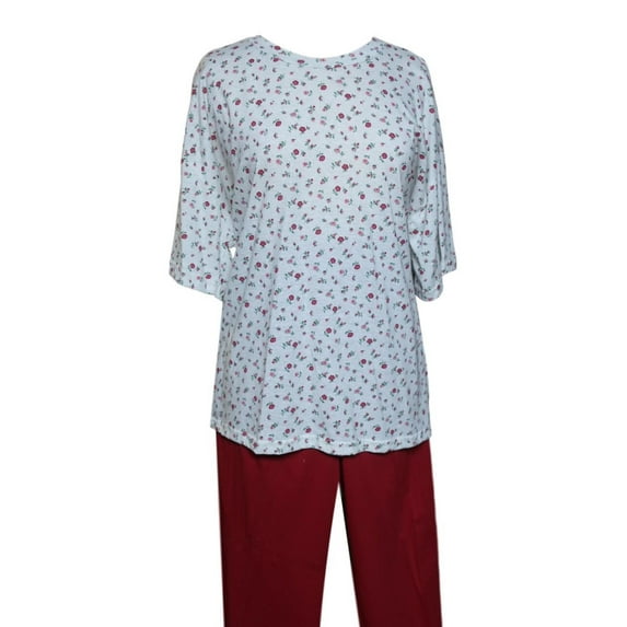 Plus Size Back Snap Printed Top S/S Pant Set-Red Rose-Size 6X