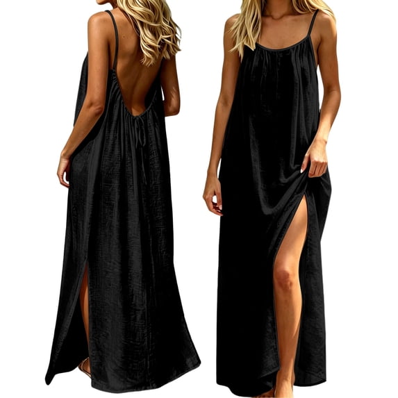 Plus Size Backless Cami Dress for Women 2026 Summer Linen Cutout Slit House Loose Dresses Spaghetti Strap Beach Sundress
