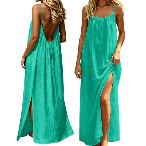 Plus Size Backless Cami Dress for Women 2026 Summer Linen Cutout Slit House Loose Dresses Spaghetti Strap Beach Sundress
