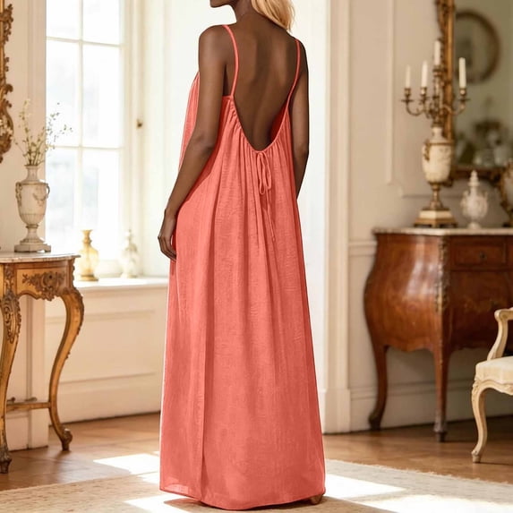 Plus Size Backless Cami Dresses for Women Sleeveless Lounge House Maxi Dress with Back Tie 2026 Vacation Spaghetti Strap Flowy Beach Open Back
