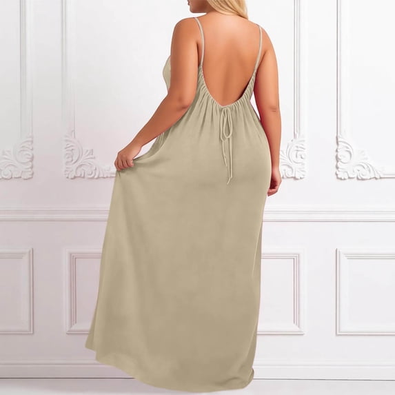 Plus Size Backless Cami Dresses for Women Cami Lounge Dress Sleeveless Breathable Long Sundress House Dress with Back Tie Beige XL