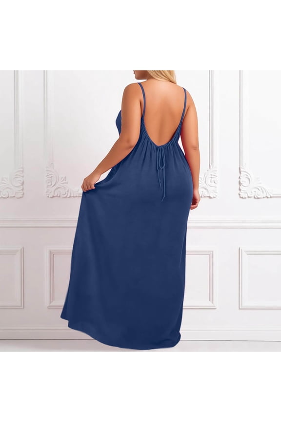 Plus Size Backless Cami Dresses for Women Cami Lounge Dress Sleeveless Breathable Long Sundress House Dress with Back Tie Blue XXXXXL