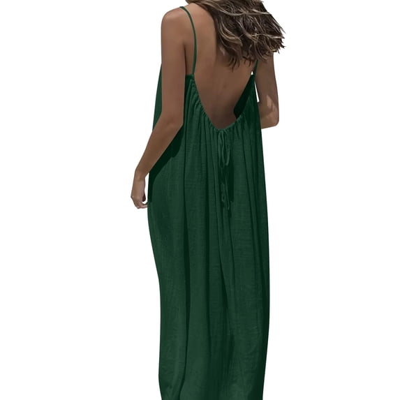 Plus Size Backless Dress Womens Beach Spaghetti Strap Long Open Back Dress Summer Vacation Cami Sundress Army Green, L