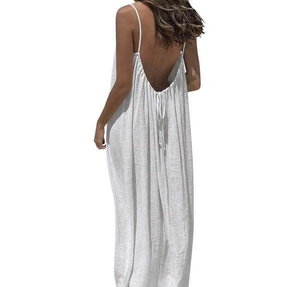 Plus Size Backless Dress Womens Beach Spaghetti Strap Long Open Back Dress Summer Vacation Cami Sundress White, 3XL