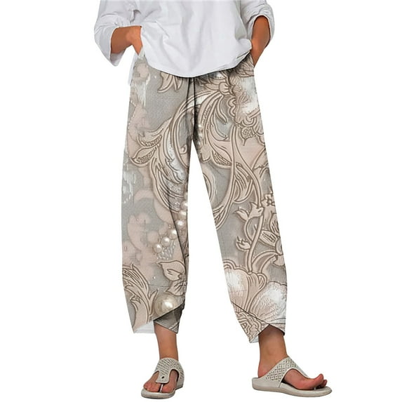 Plus Size Baggy Harem Pants for Women 2025 Vintage Floral Pattern Capris with Pockets Casual Baggy Summer Beach Pant
