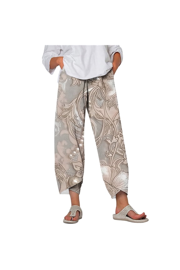 Plus Size Baggy Harem Pants for Women 2025 Vintage Floral Pattern Capris with Pockets Casual Baggy Summer Beach Pant
