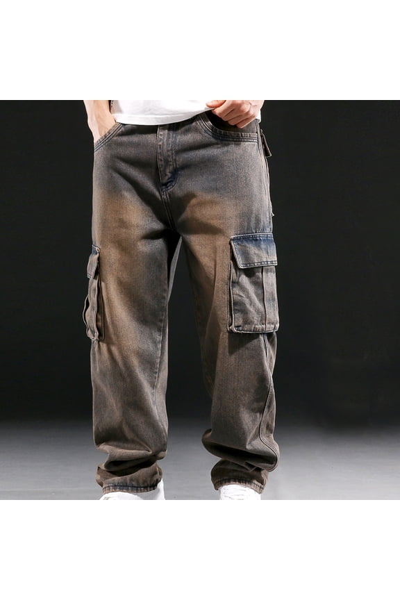 Plus Size Baggy Jeans Men Big and Tall Vintage Outdoor Fashion Solid Color Casual Pocket Jeans Cargo Pants