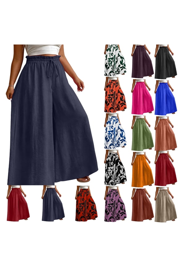 Plus Size Baggy Pants For Women Wide Leg Ruffled Elastic Waist Trousers Drawstring Casual Flowy Palazzo Pant (3XL, Navy)