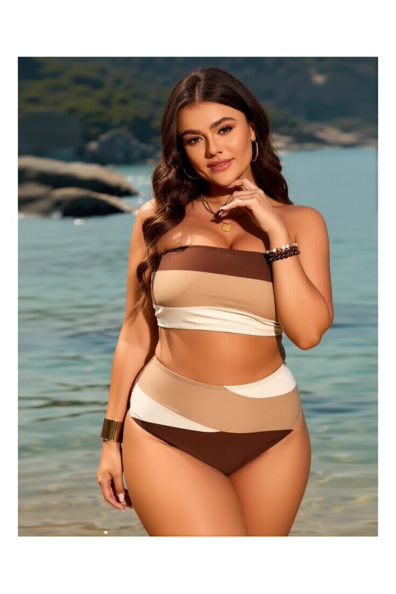 Plus Size Bandeau Bikini Set - Women's Color Block Swimsuit - High Waisted Two Piece Bathing Suit - Adjustable Straps, Removable Cups - Summer Beach Pool