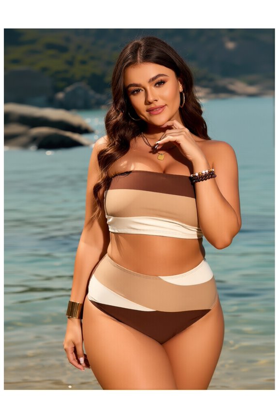 Plus Size Bandeau Bikini Set - Women's Color Block Swimsuit - High Waisted Two Piece Bathing Suit - Removable Straps - Curve & Chloe Sizes 14-22