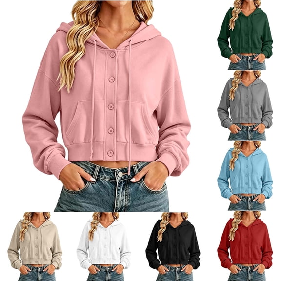 Plus Size Baseball Jackets for Women Women's Hooded Jacket With Drawstring Double Pockets And Buttons for Long Sleeve Sweatshirts Tops Red L