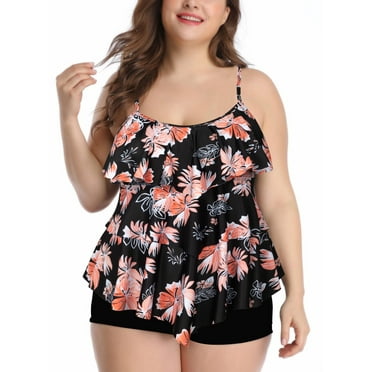 Plus Size Tankini Bathing Suits for Women Tiered Ruffle Swimsuit Top with Boyshorts Tummy Control Swimwear