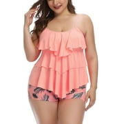 Plus Size Bathing Suit for Women Floral Printed Two Piece Swimsuit Layered Ruffle Tankini Top with Boyshorts