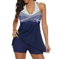 thumbnail image 1 of Plus Size Bathing Suits One Piece Halter Swimsuit for Women Athletic Swimwear with Skirt Blue Gradient Stripe L, 1 of 7