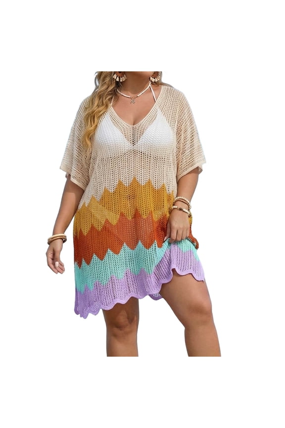 Plus Size Beach Cover Up for Women Sheer Batwing Sleeve Kimono Swim Cover-Up Openwork Knit V-Neck Vacation Shirt Beige,Size Free Size