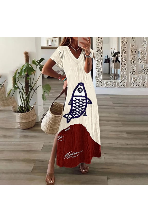 Plus Size Beach Dress Casual Dresses for Women Womens Dress Summer Holiday Party Dresses for Women Womens Spring And Summer V-Neck Solid Casual Short Sleeved Long Dress I Multicolor L
