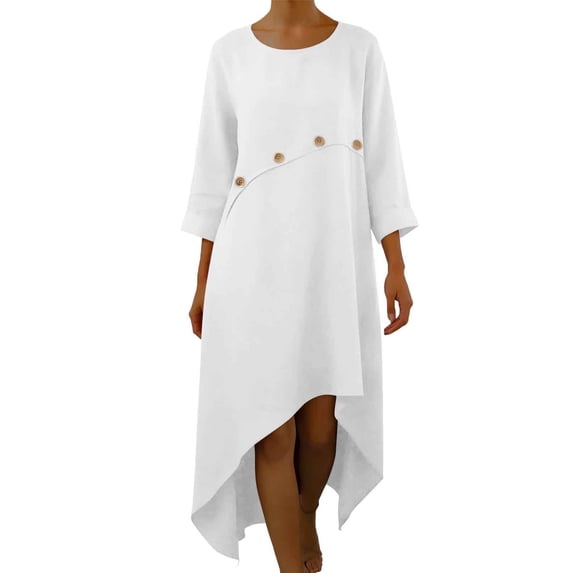 Plus Size Beach Dresses for Womens 2026 Summer Fashion Solid Color Loose Casual Cotton and Linen Irregular Hem Quarter Sleeve 3/4 Sleeve Round Neck Dress
