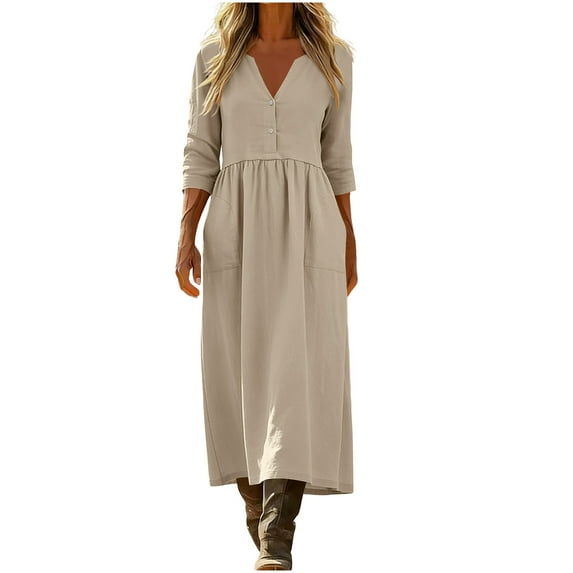 Plus Size Beach Dresses for Womens 2026 Summer Fashion Cotton and Linen Loose Pocket Quarter Sleeve Long Dress