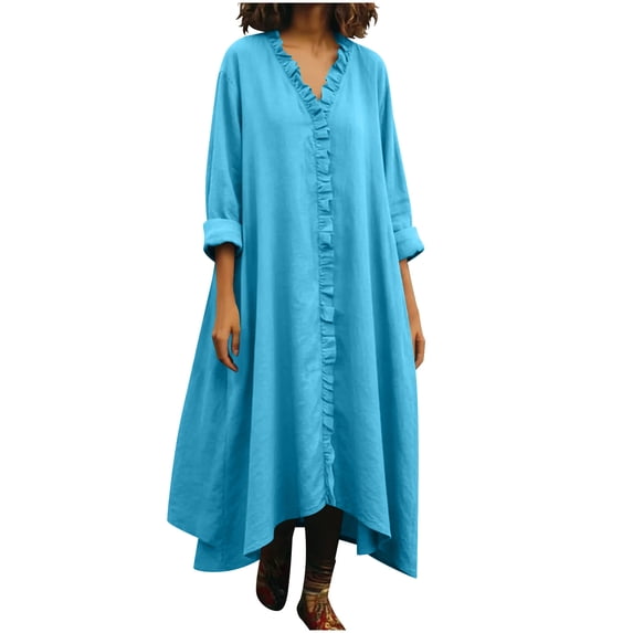 Plus Size Beach Dresses for Womens 2026 Summer Fashion Long Sleeved Cotton and Linen Loose Solid Color V-neck Lace Dress