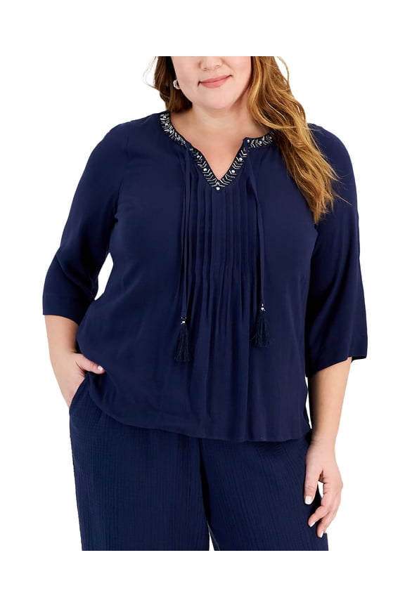 Plus Size Beaded-Neck Gauze Top Intrepid Blue 3X