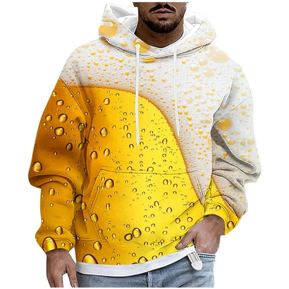 Plus Size Beer Printed Hoodies for Mens Long Sleeve Ultra Soft Textured Sweatshirt Casual Warm Athletic Stretch Hooded Fleece Sweater with Kangaroo Pocket 2025