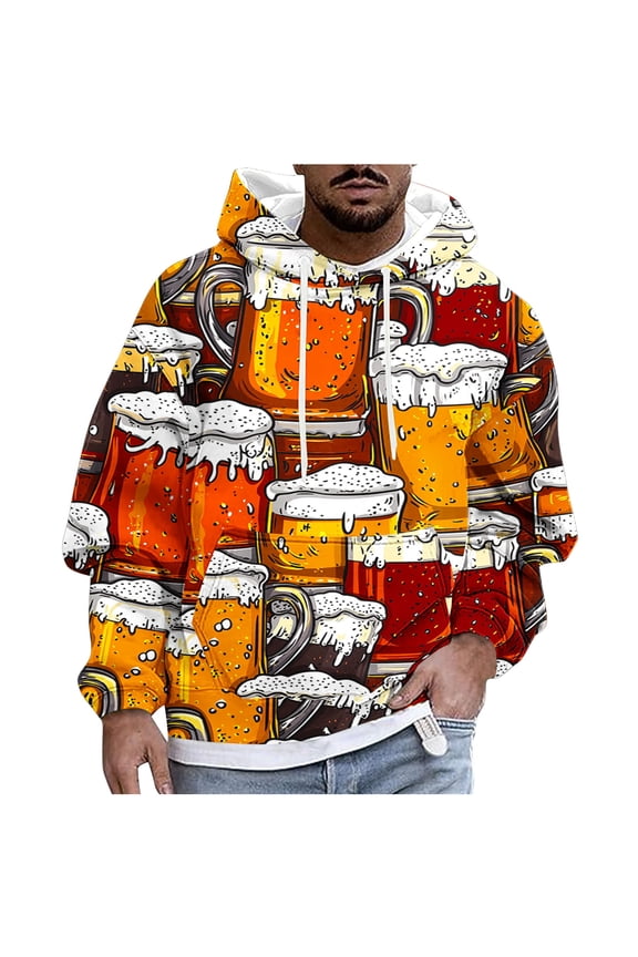 Plus Size Beer Printed Hoodies for Mens Long Sleeve Ultra Soft Textured Sweatshirt Casual Warm Athletic Stretch Hooded Fleece Sweater with Kangaroo Pocket 2025