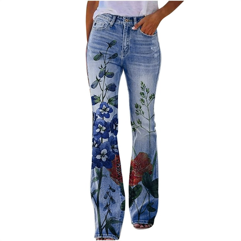 Pisexur Womens Plus Size Vintage Flare Pants, Denim Joggers for Women,  Floral Print High Waist Stretch Denim Long Pants Skinny Bell Bottoms Jeans