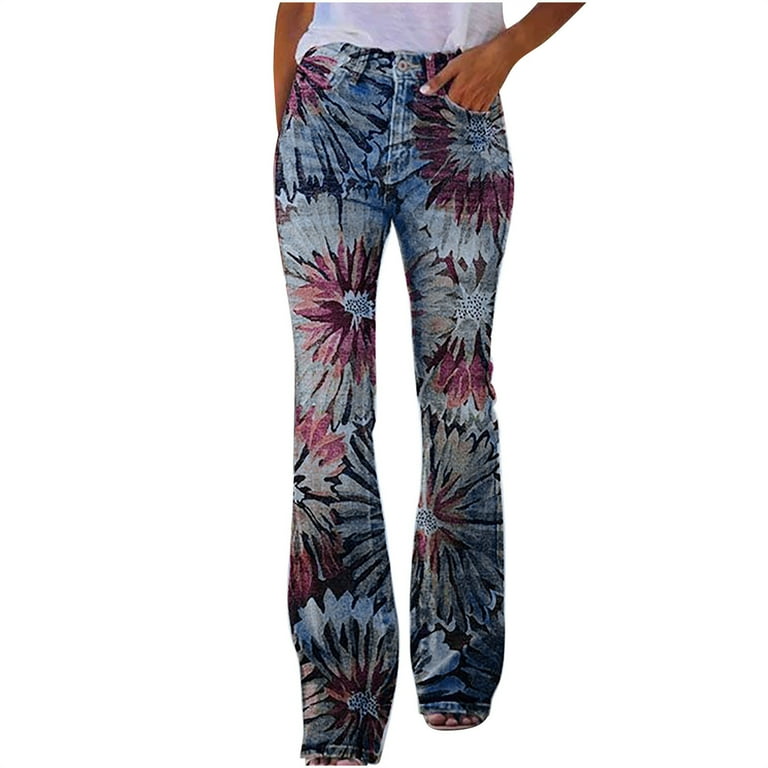 Plus Size Bell Bottom Jeans for Women Floral Embroidered High-Rise