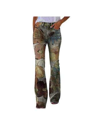 Womens Boho Bell Bottom Pants Fashion High Waisted Flare Leg Plus Size Pants  Ethnic Floral Stretch Skinny Trousers 